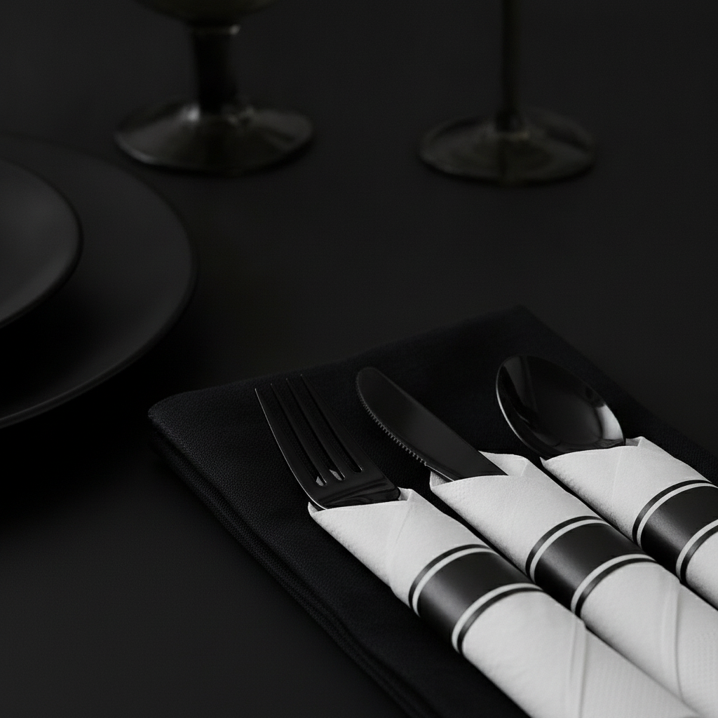 Close-up of glossy black plastic cutlery handles emerging from a folded matte black napkin roll