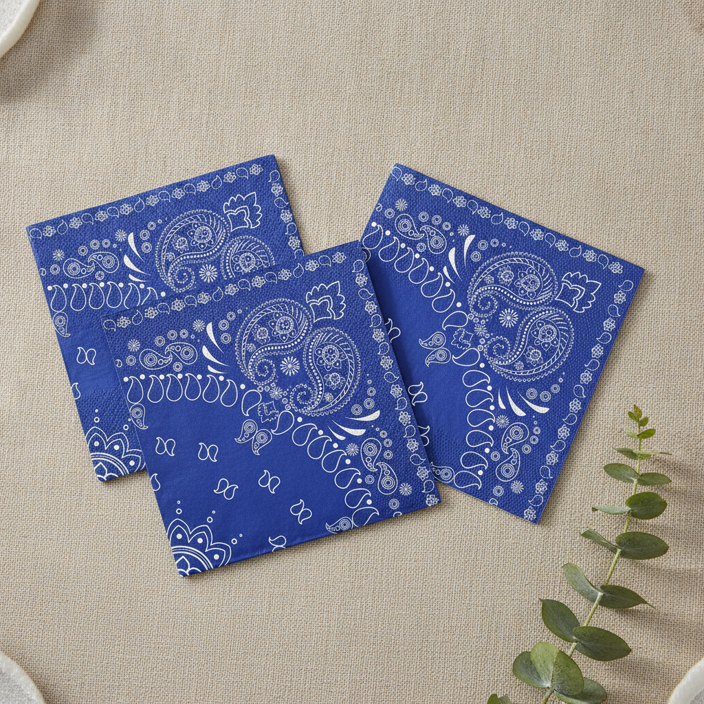 Flat-lay of blue paisley bandana paper napkins fanned out on a linen surface
