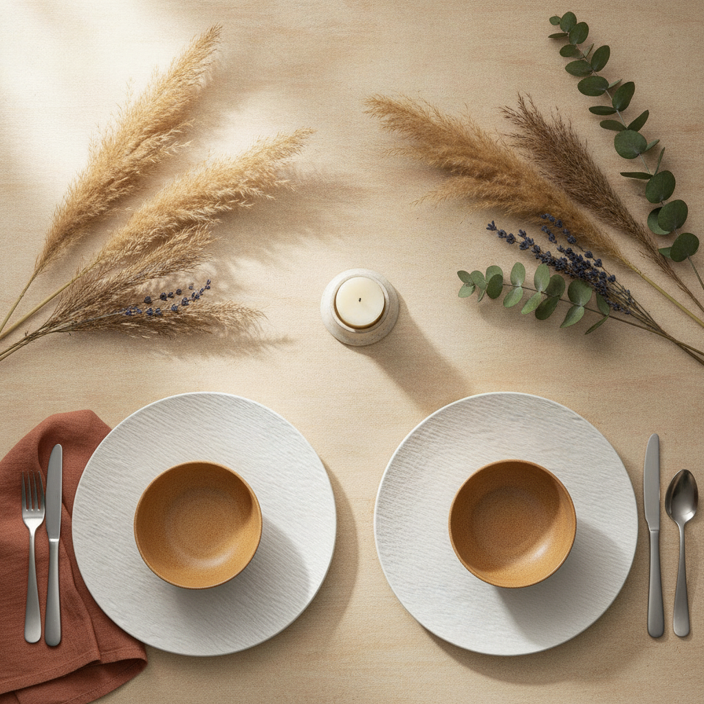 Styled European tablescape set for two with Pietra porcelain dinner plates