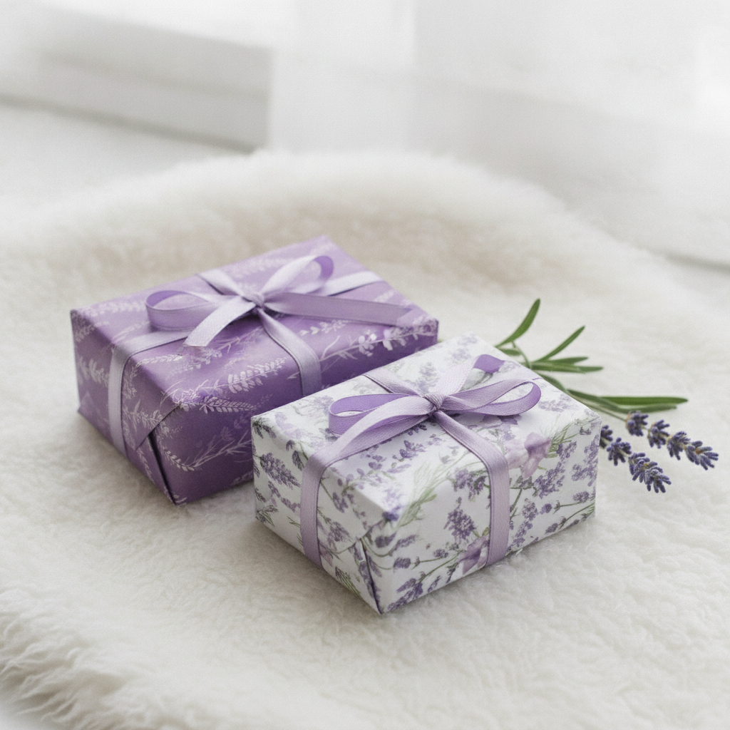 Gifts wrapped in lavender butterfly purple wrapping paper with lavender stems