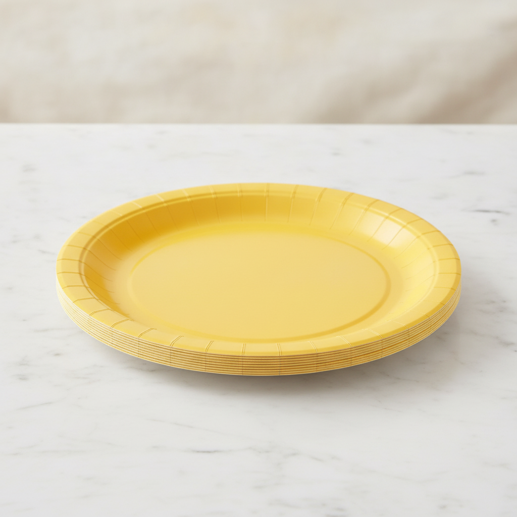 Stack of yellow disposable paper plates on white marble