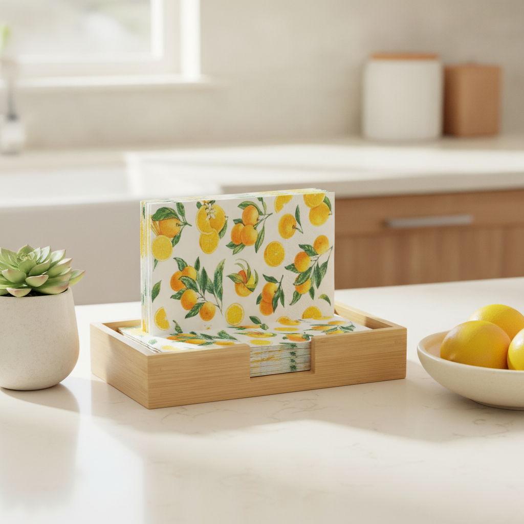 Natural bamboo guest towel tray styled on a sunlit kitchen counter with plant and lemons