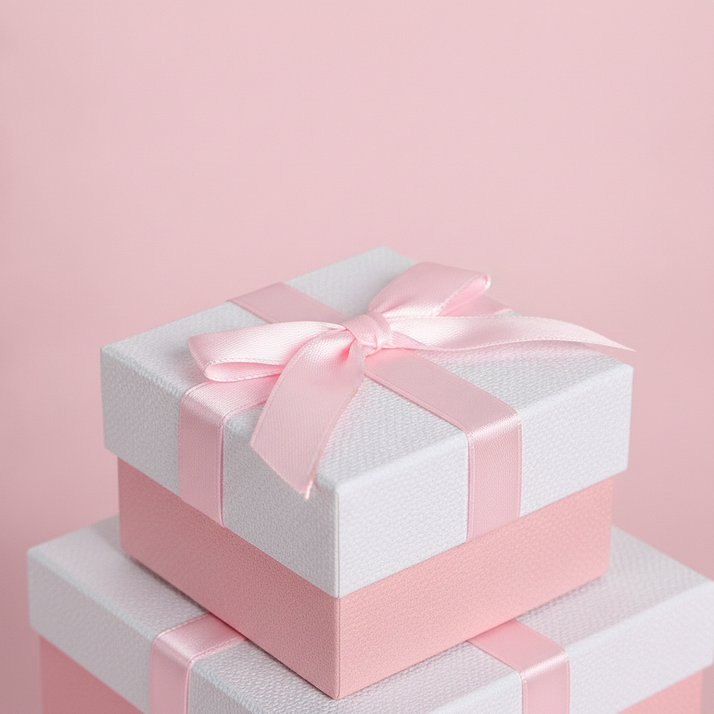 Macro of a pink gift box corner with white lid and a tied pink satin ribbon bow