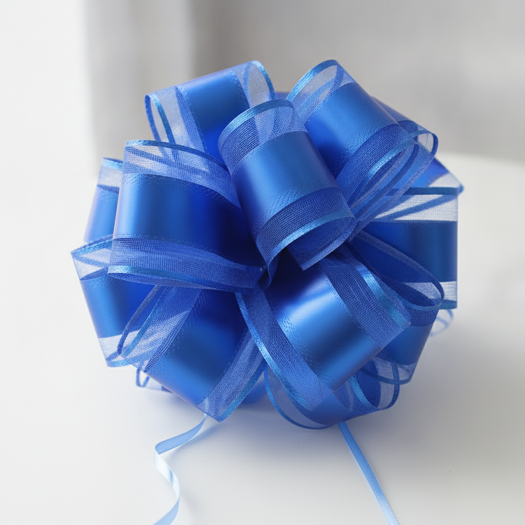 Macro close-up of bright blue satin and organza pull bow loops