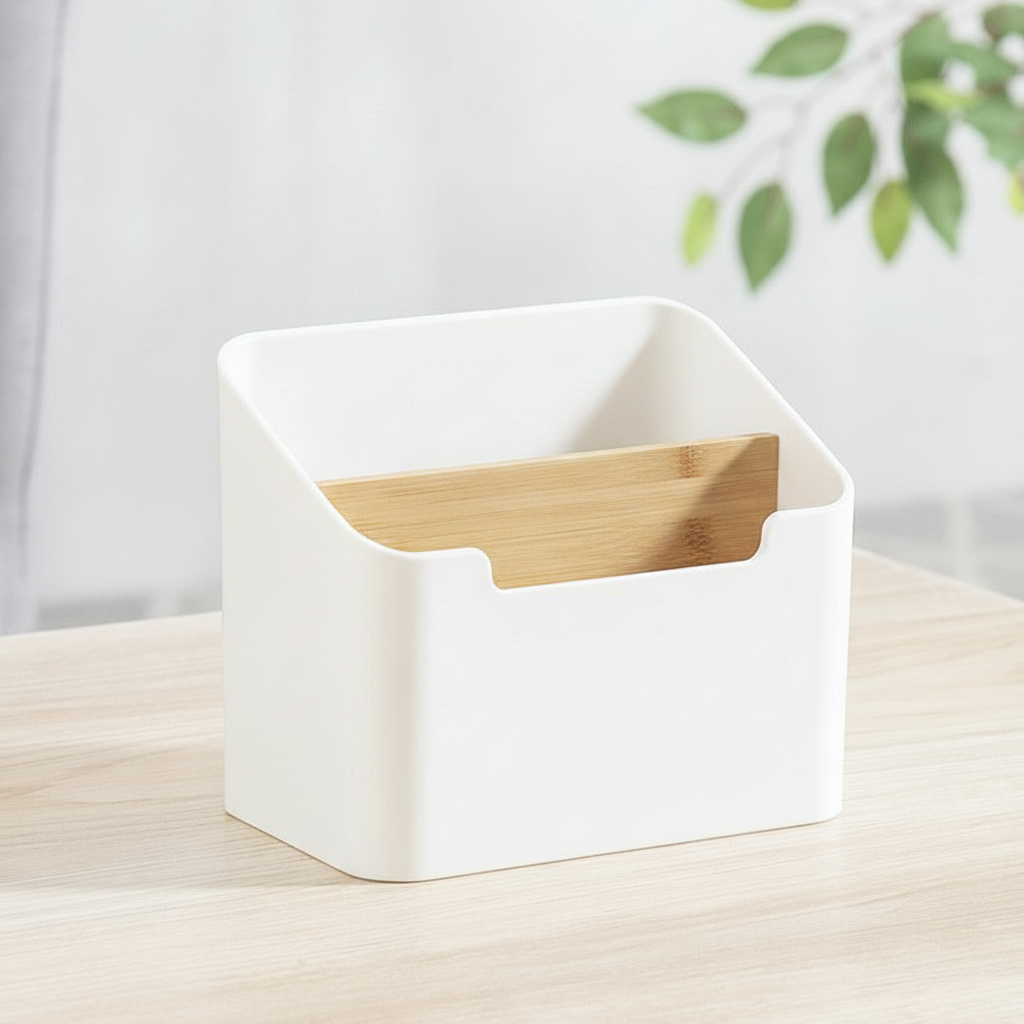 Close-up of the white plastic body and natural bamboo wood divider of the desk organizer