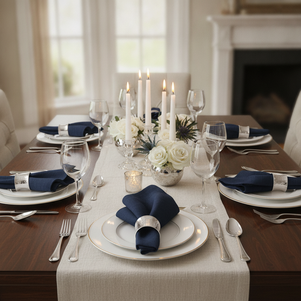 Dinner party tablescape with silver beaded napkin rings holding folded napkins