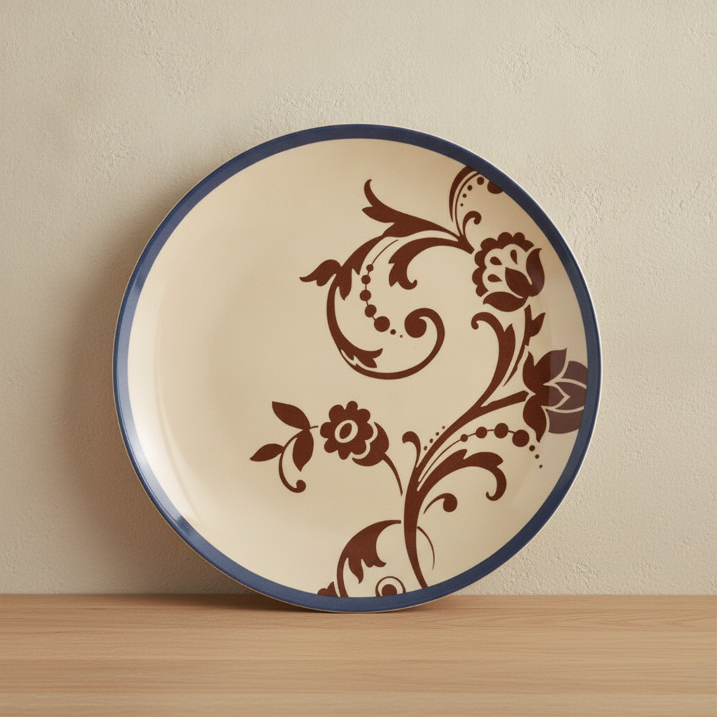 Ivory ceramic wall plate with navy rim and brown floral vine motif