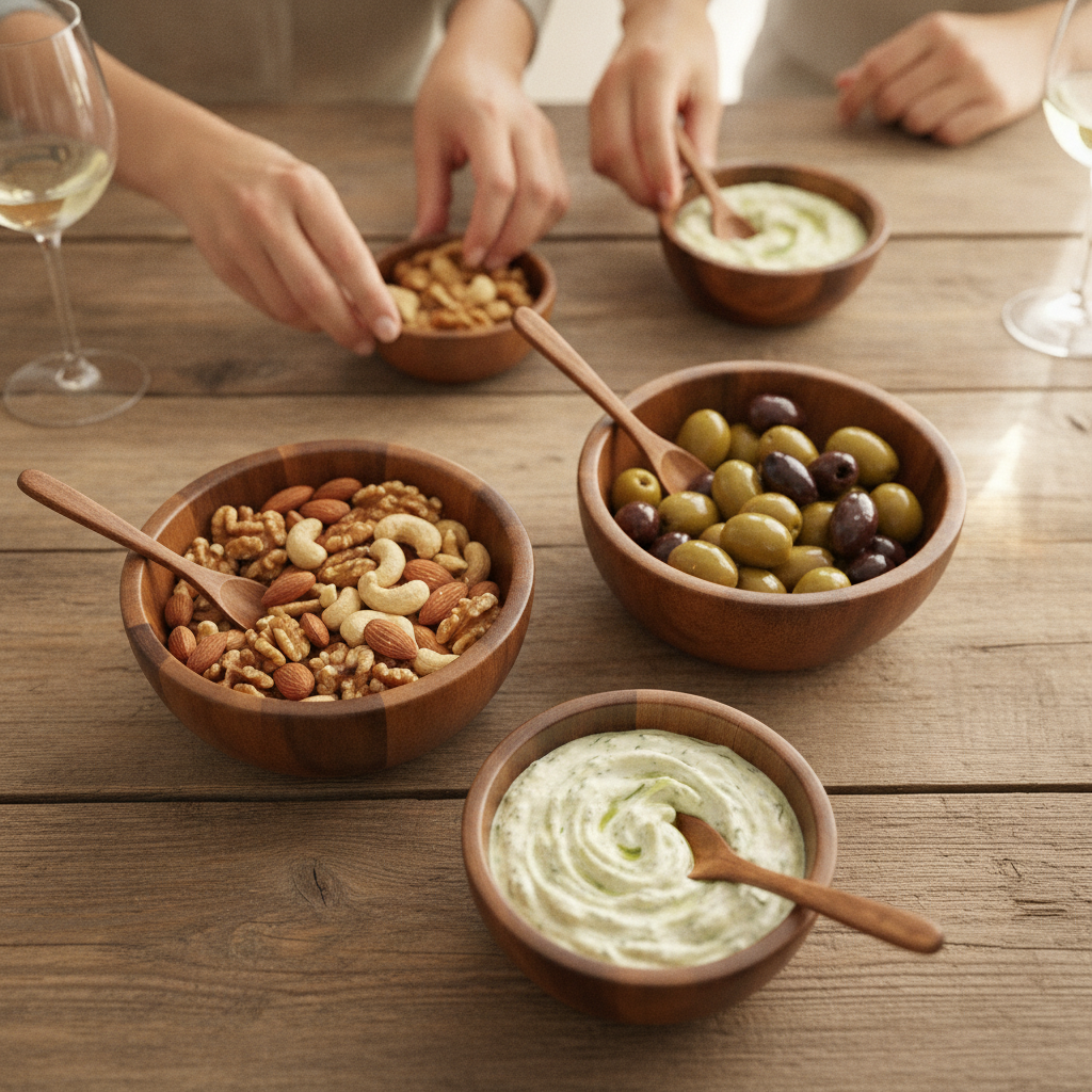 Acacia wood bowls filled with nuts, olives and dip on a rustic wooden table at a gathering