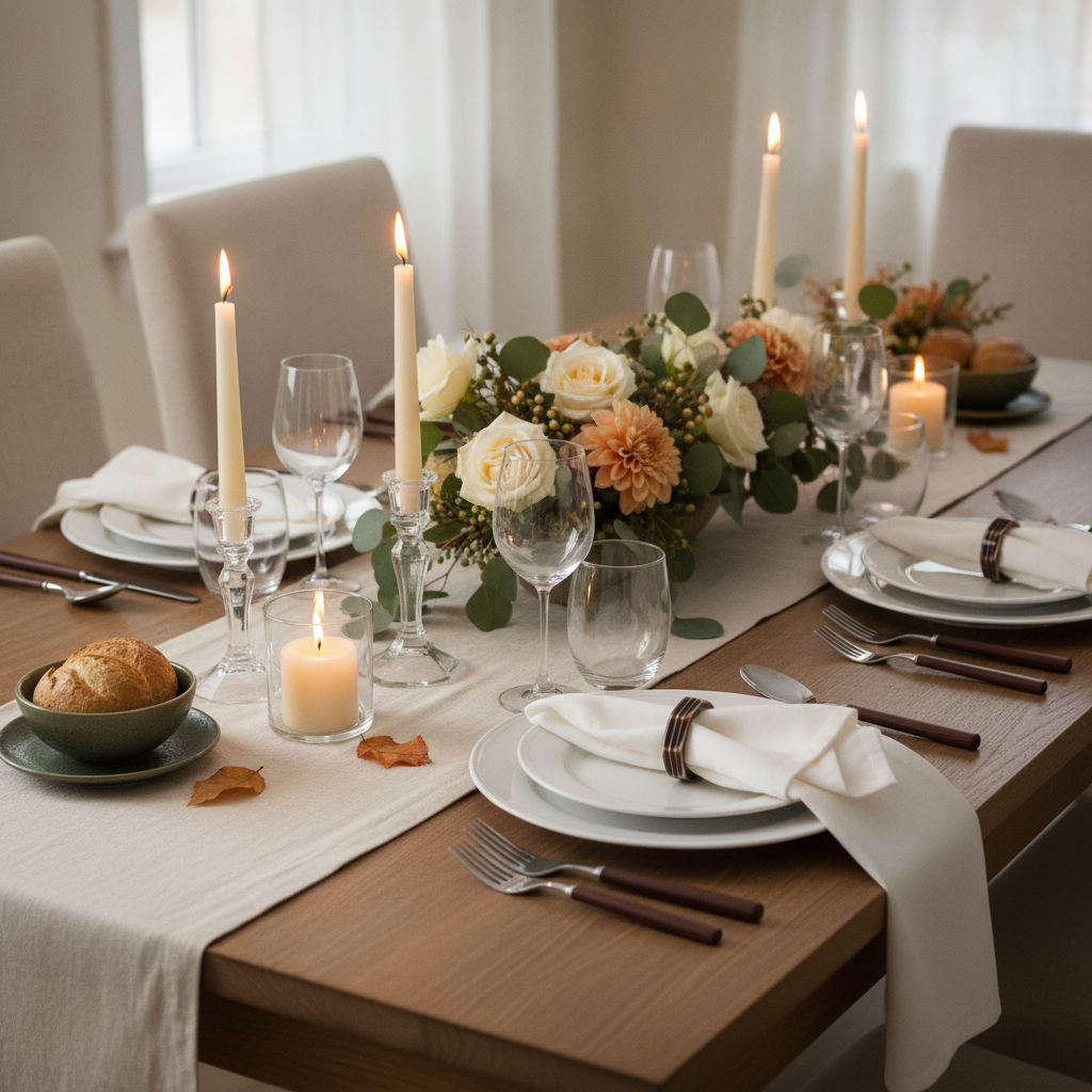 Styled dining tablescape featuring bronze napkin rings