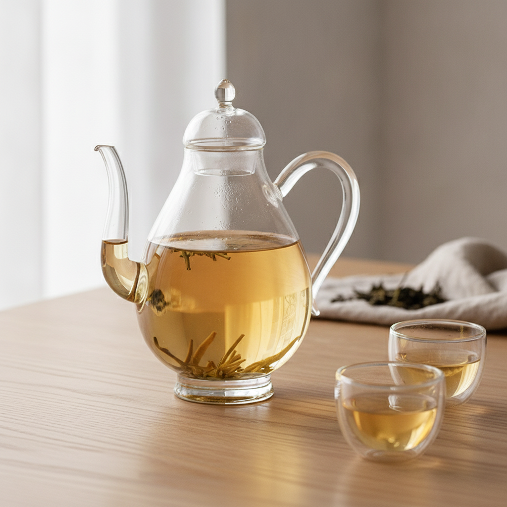 Glass teapot filled with golden tea on a dining table beside glass cups