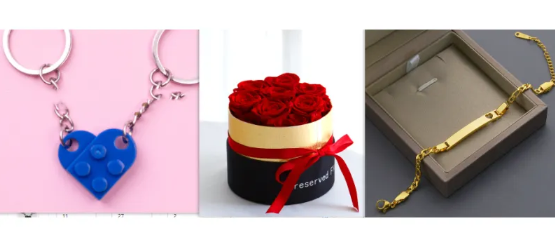 Gift collage: red preserved rose box shown between a blue heart keychain pair and a gold bracelet