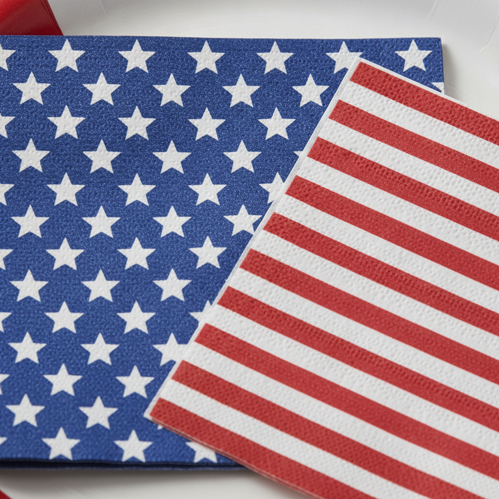 Macro close-up of stars and stripes flag paper plate rim and napkin print