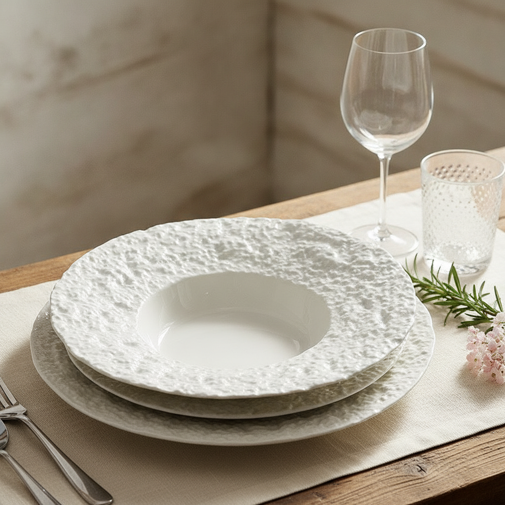 Roccia stone-glaze pasta plates styled and stacked in a neutral tablescape