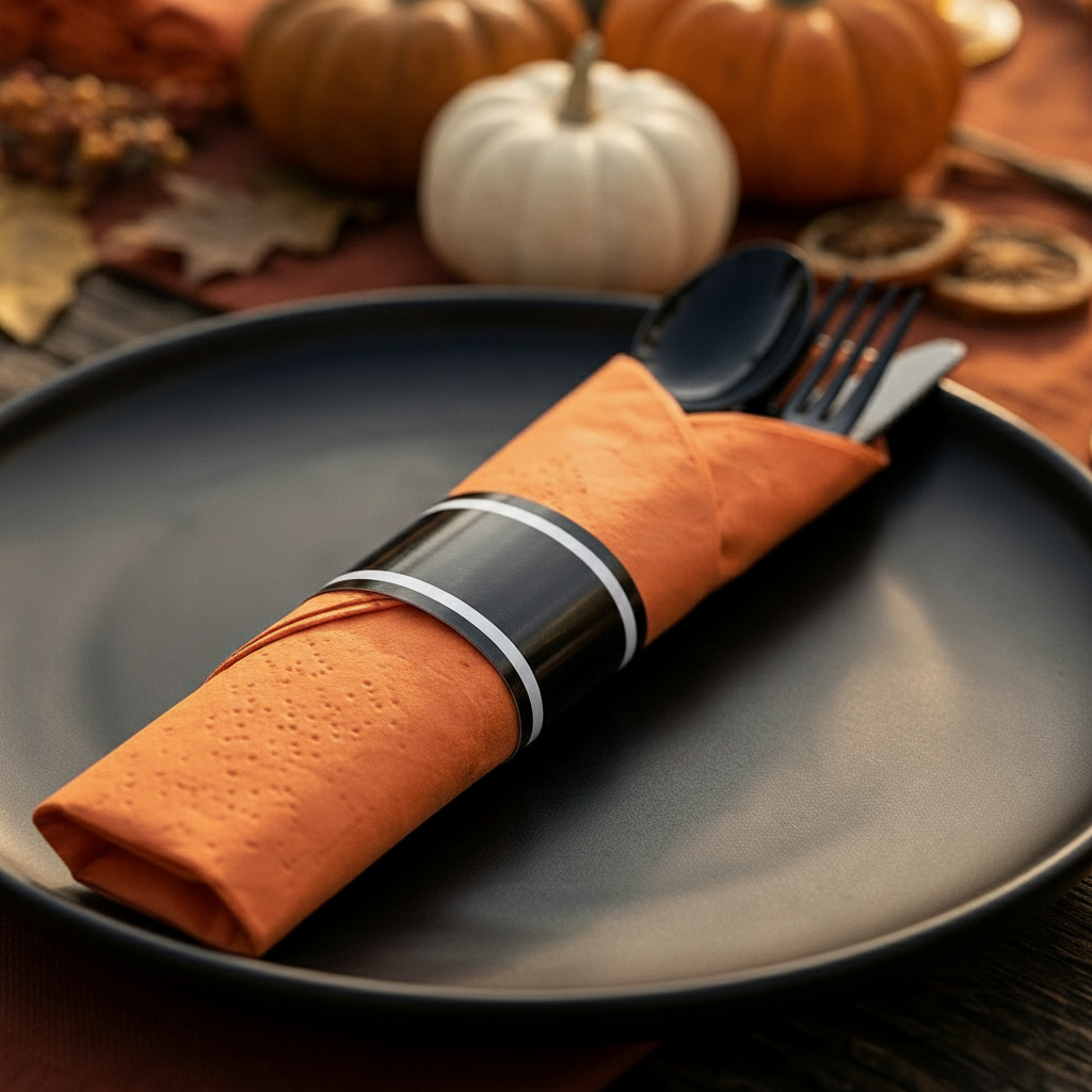 Close-up of black plastic cutlery handles emerging from a folded burnt orange napkin roll