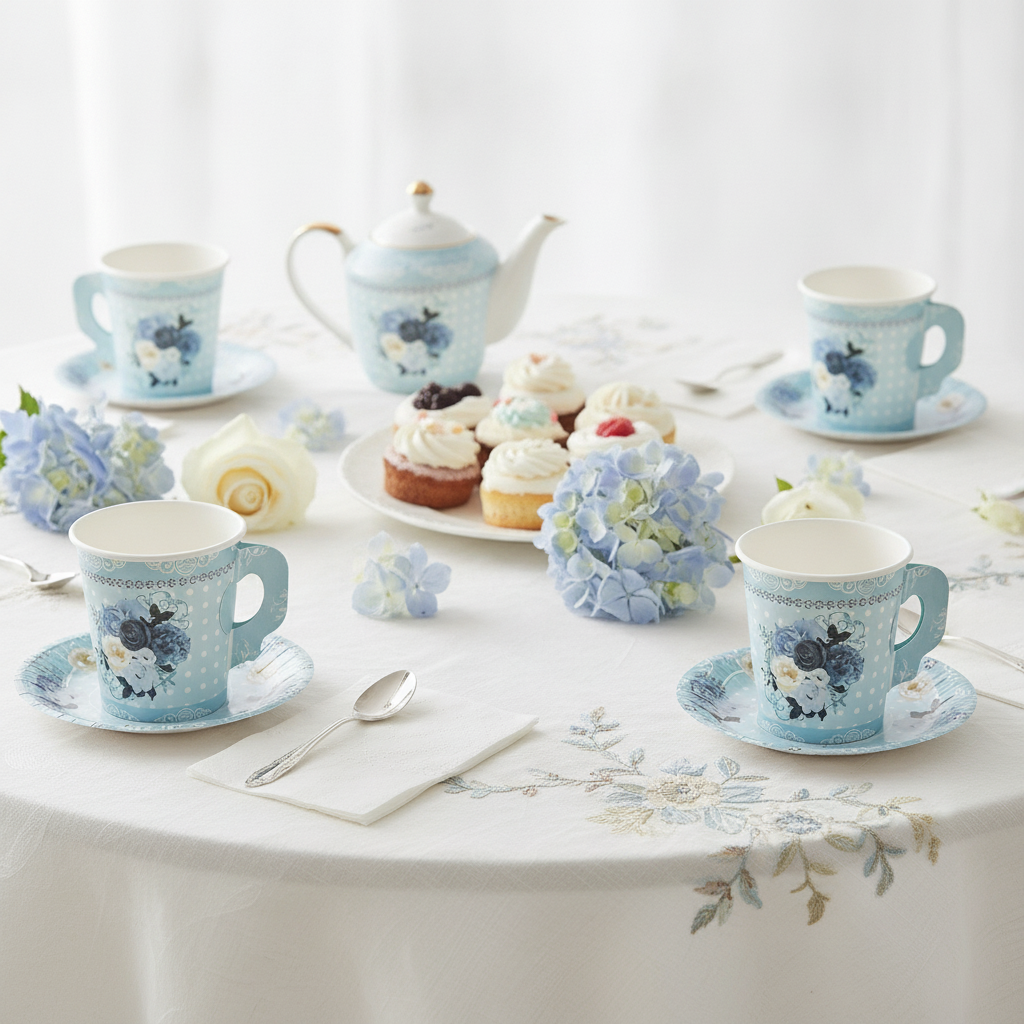 Styled vintage tea party table with blue floral disposable paper cups and saucers