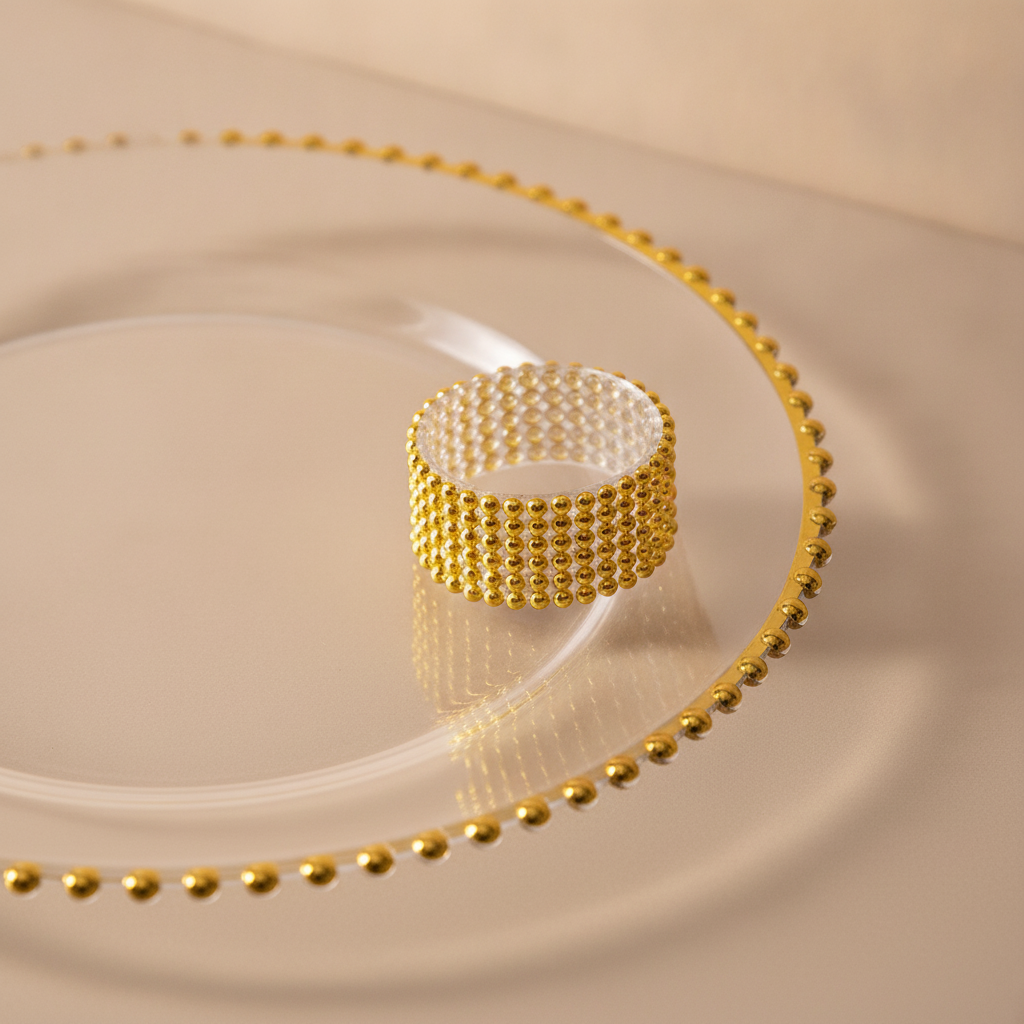 Macro detail of the gold beaded rim on a clear acrylic charger plate and a gold beaded napkin ring