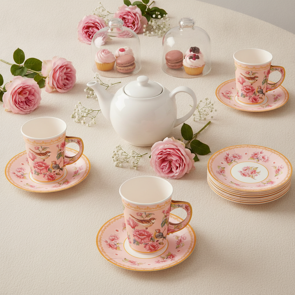 Romantic styled tea party table with blush bird and rose disposable paper cups and saucers