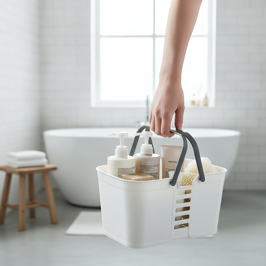Hand carrying the portable shower caddy filled with toiletries into a bright bathroom