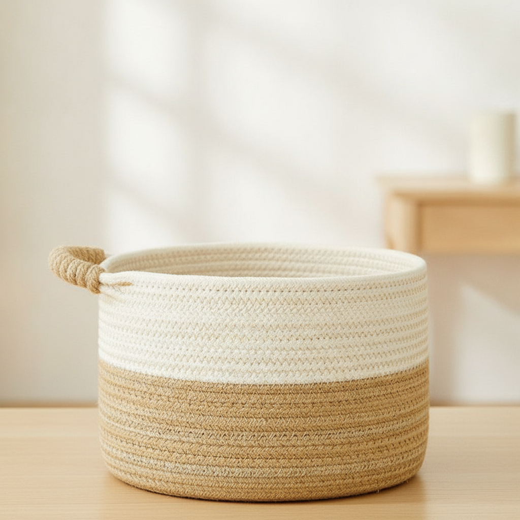 Close-up of woven cotton rope coil texture and cream-to-jute color transition