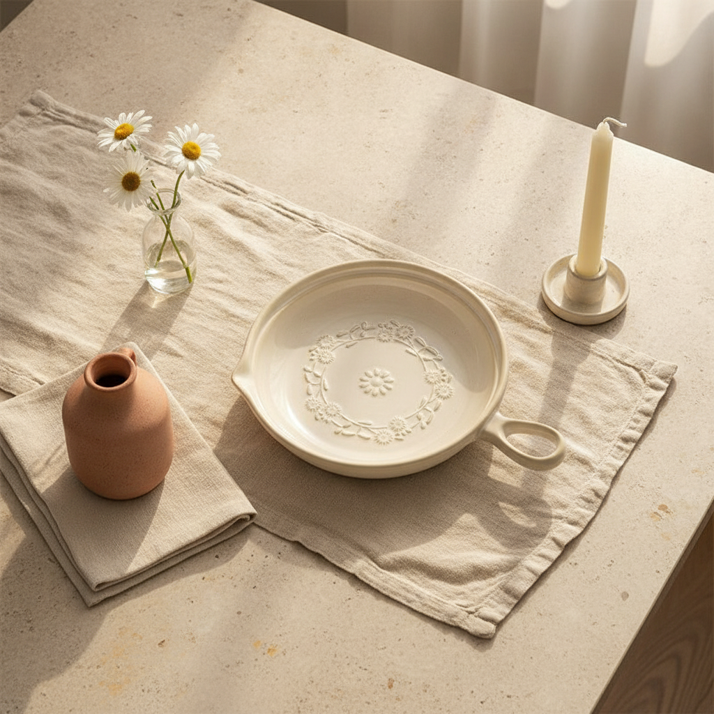 Ghirlanda cream ceramic dish styled on a linen runner with daisies and a candle