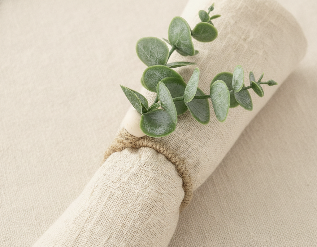 Close-up of a napkin gathered through a eucalyptus and wood-bead jute ring
