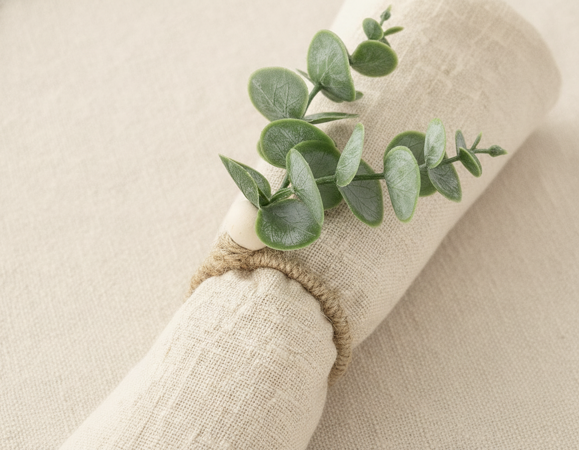 Close-up of a napkin gathered through a eucalyptus and wood-bead jute ring