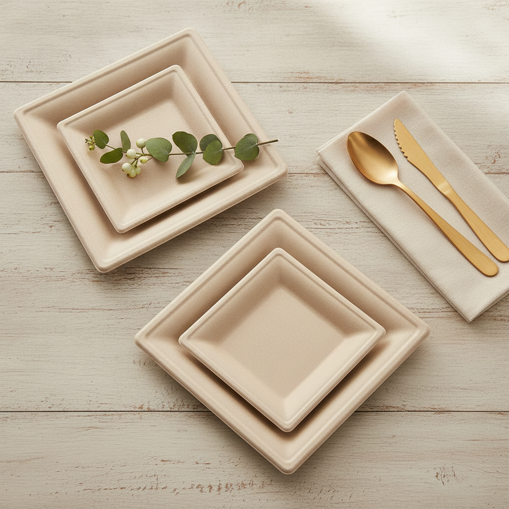 Overhead flat-lay of square bagasse plates with linen napkin and wood cutlery