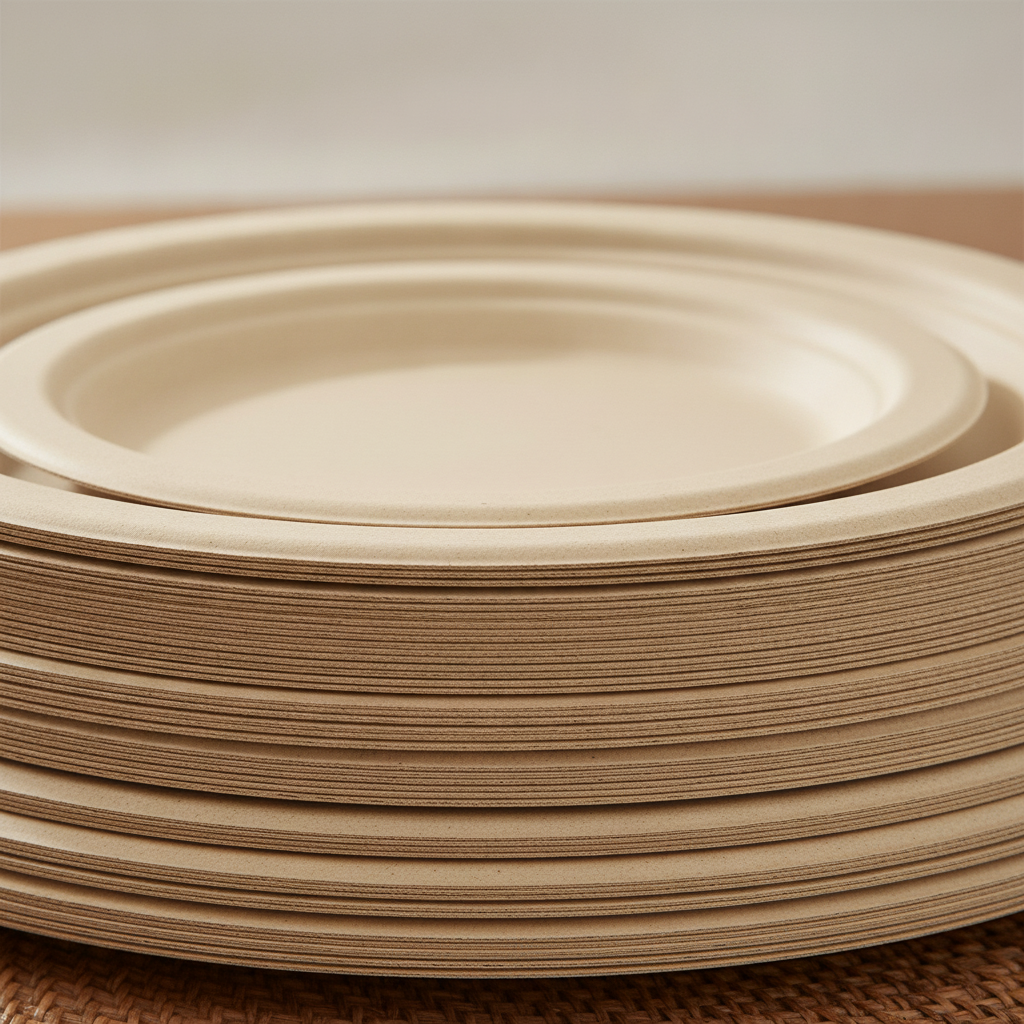Close-up of fibrous natural tan bagasse compostable disposable plates