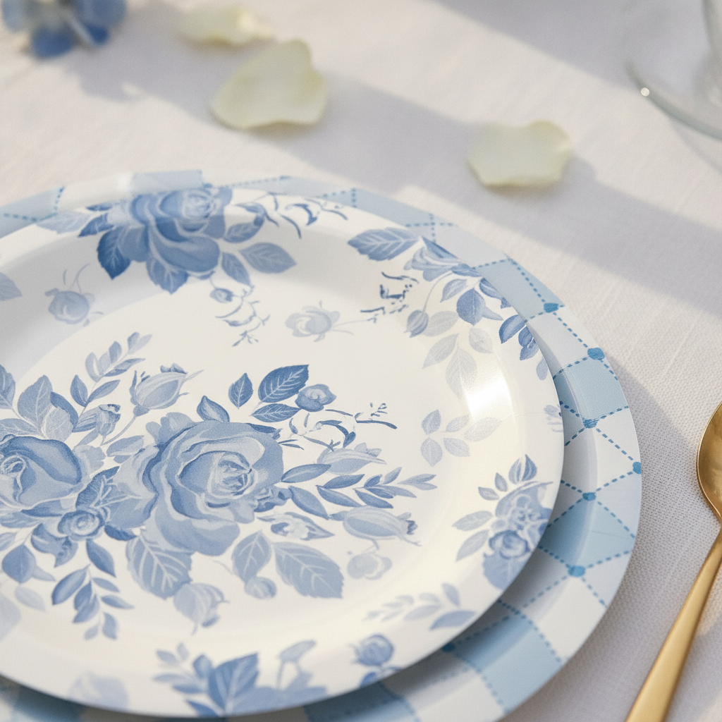 Close-up of blue and white vintage floral print on disposable paper plates