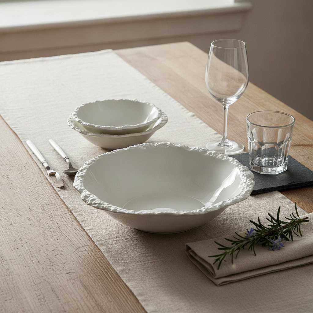Vetta stone-glaze serving bowls styled and nested in a neutral tablescape