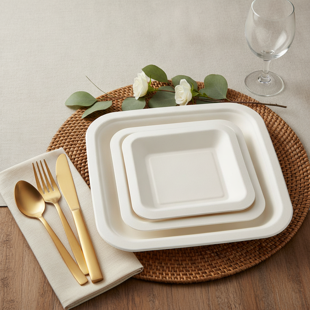 White molded sugarcane bagasse square disposable plates styled on a woven placemat with gold flatware