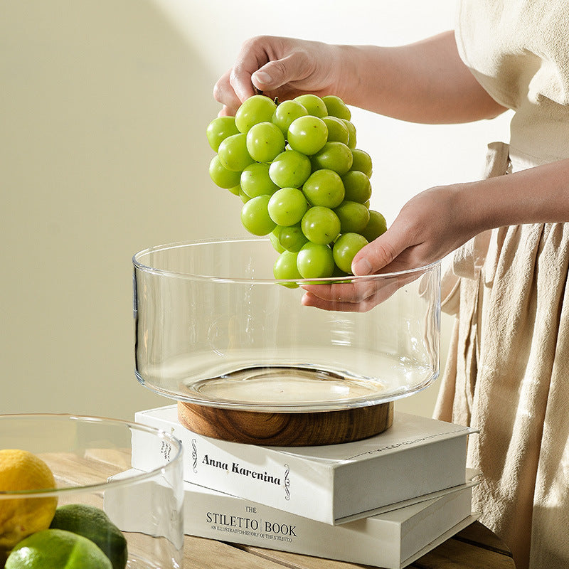 Glass Serving Bowl with Acacia Wood Base