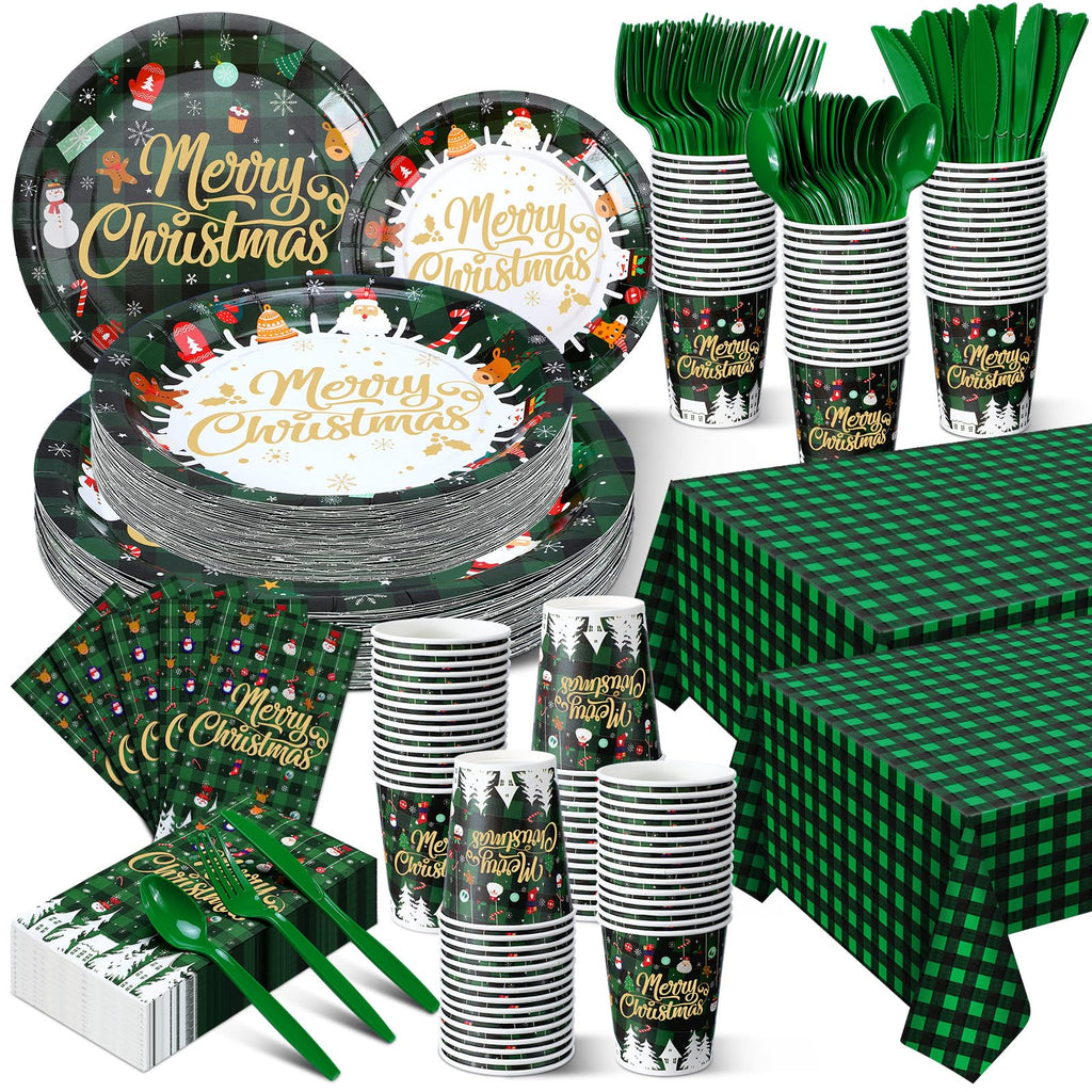 Green Plaid Christmas Tableware Set for 50