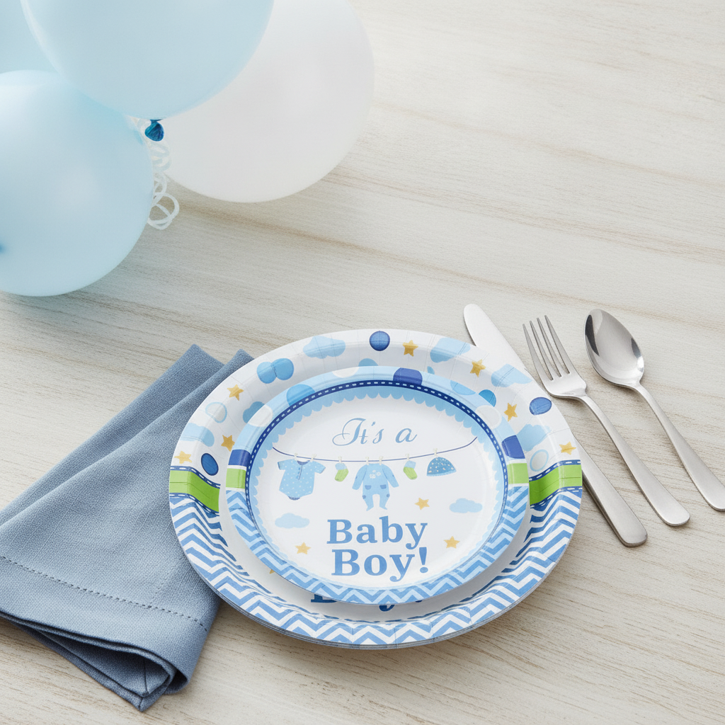 Blue baby boy shower paper plates overhead place setting with silver cutlery and balloons