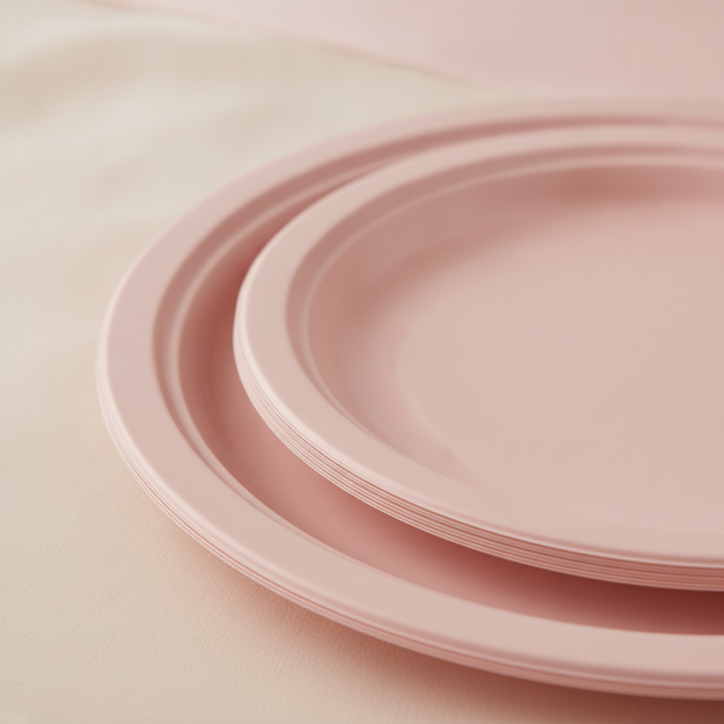 Macro detail of the thin lightweight rim of a blush disposable plastic plate