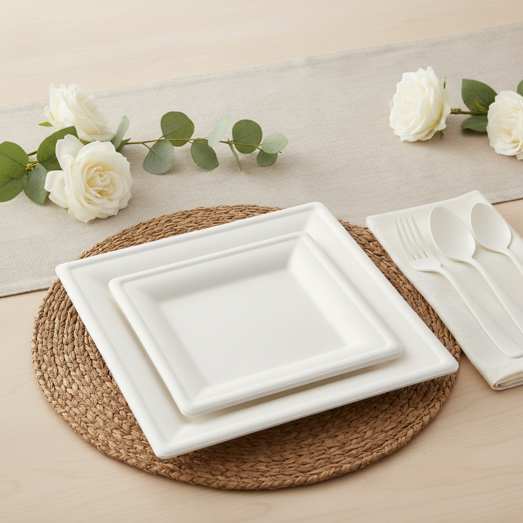 White square bagasse compostable plate place setting with cutlery and roses