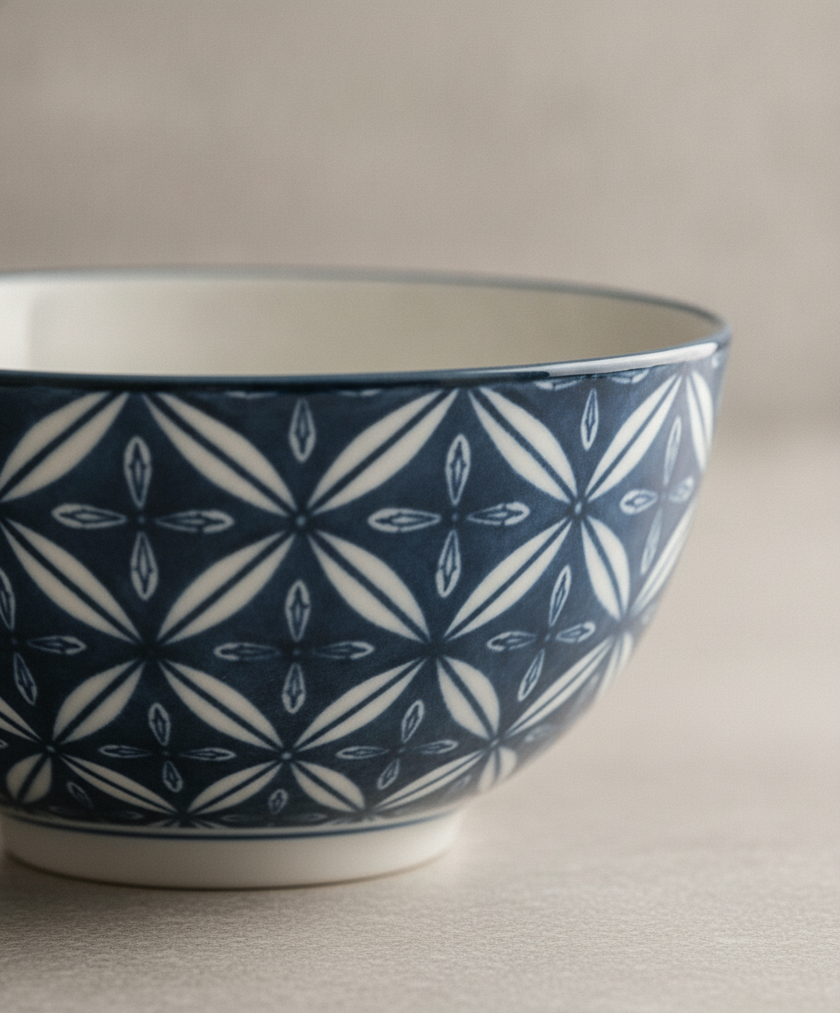 Macro close-up of blue and white underglaze porcelain bowl pattern