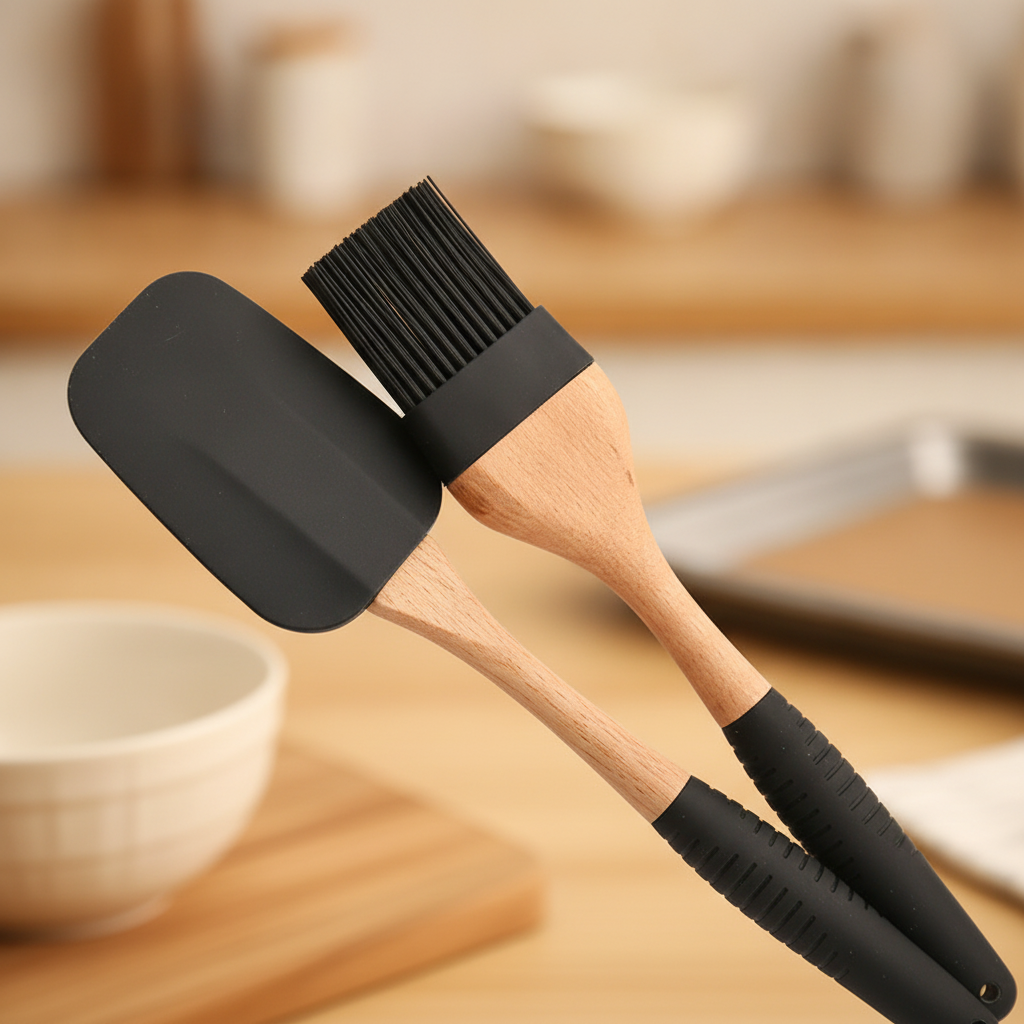 Close-up of black silicone spatula and pastry brush with beechwood handle