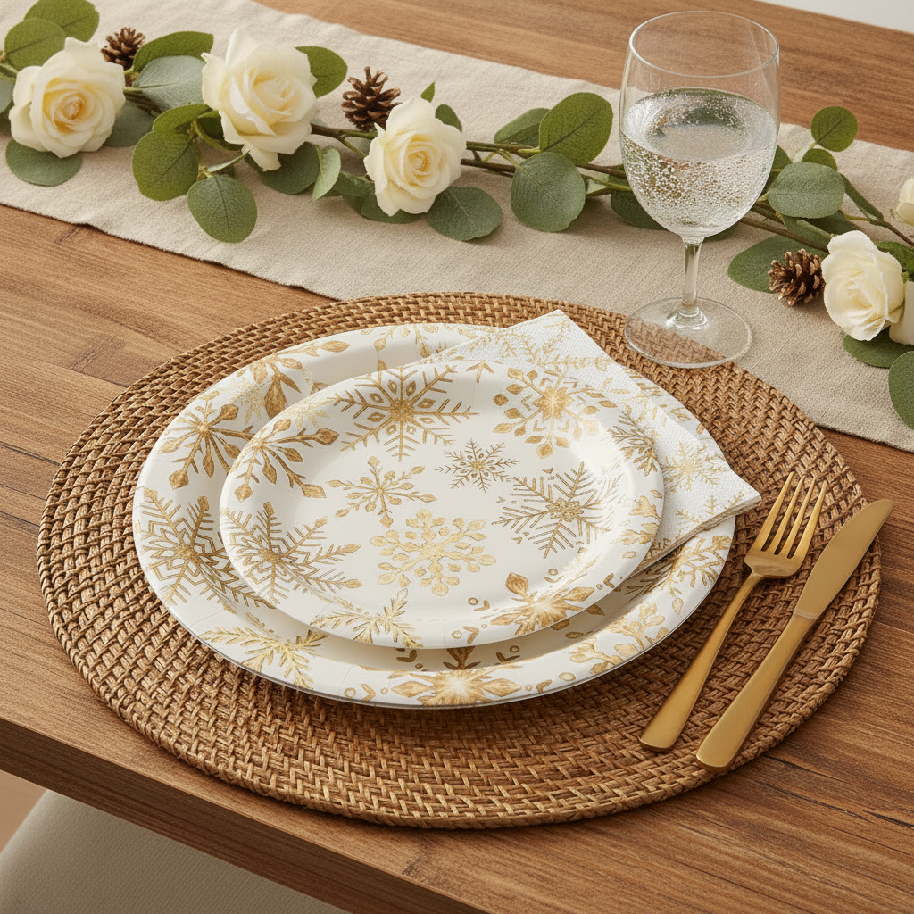 Gold snowflake disposable paper plate place setting with napkin and gold flatware