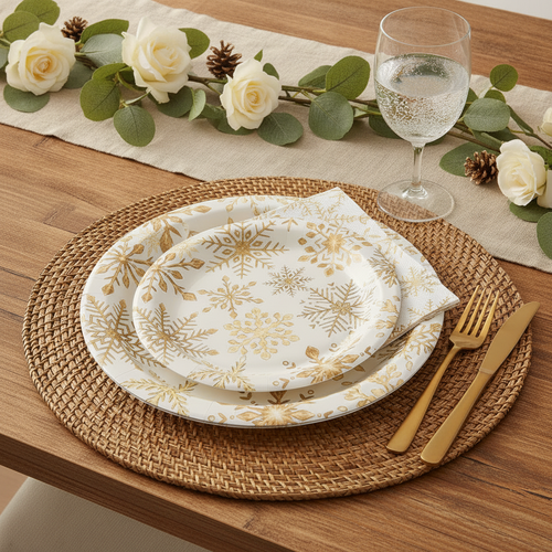 Gold snowflake disposable paper plate place setting with napkin and gold flatware