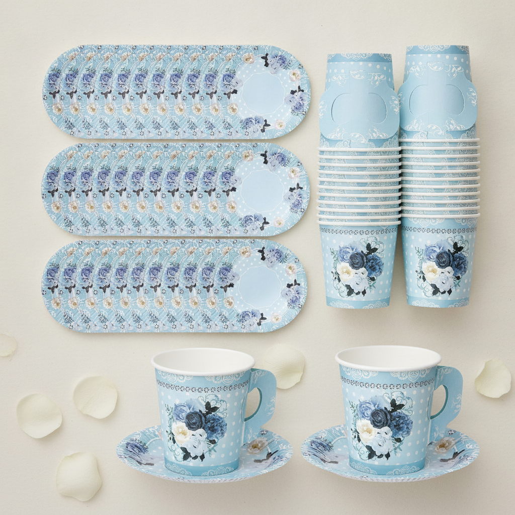 Flat lay of stacked blue floral paper saucers and paper tea cups