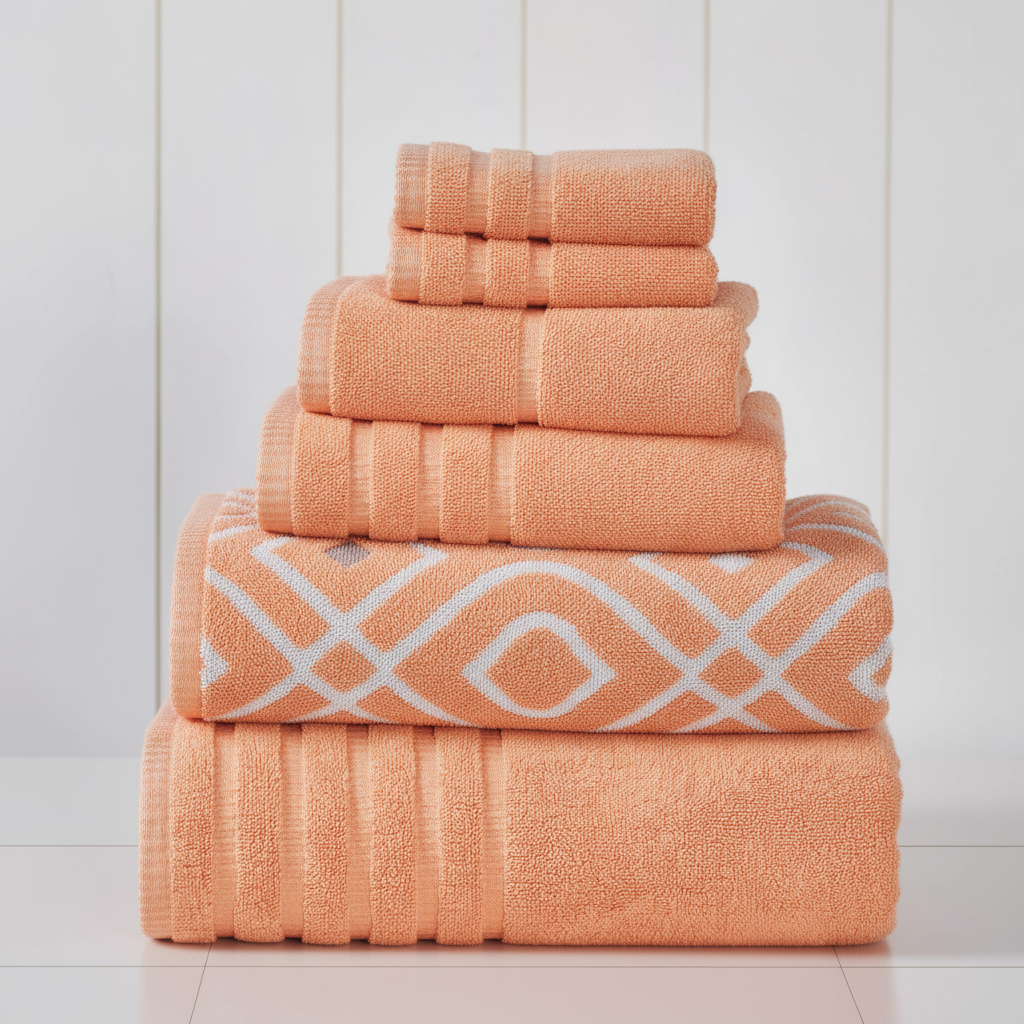 Coral cotton towel set neatly folded and stacked on a clean white studio background