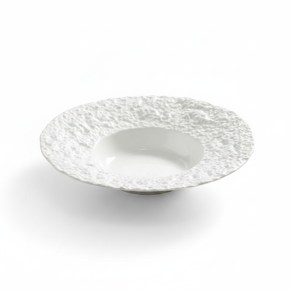Roccia white stone-textured ceramic wide-brim pasta plate, studio white background