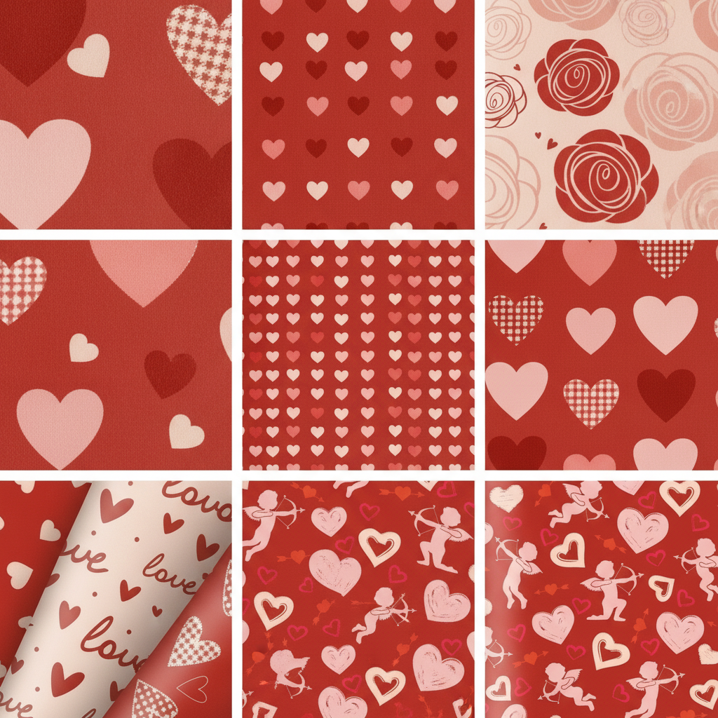 Close-up of red and pink heart and cupid print on Valentine wrapping paper