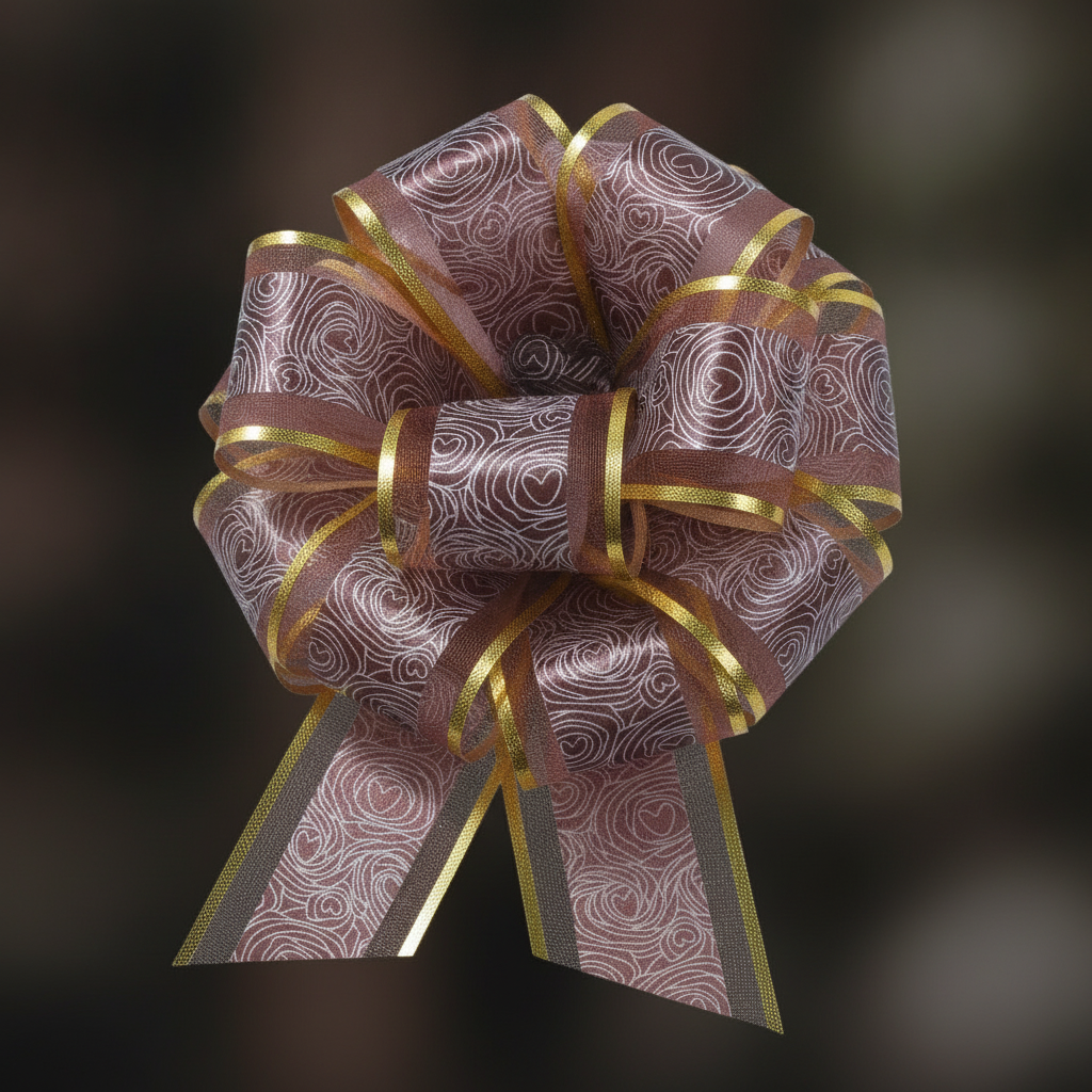 Close-up of brown rose organza pull bow loops and gold edge stripe