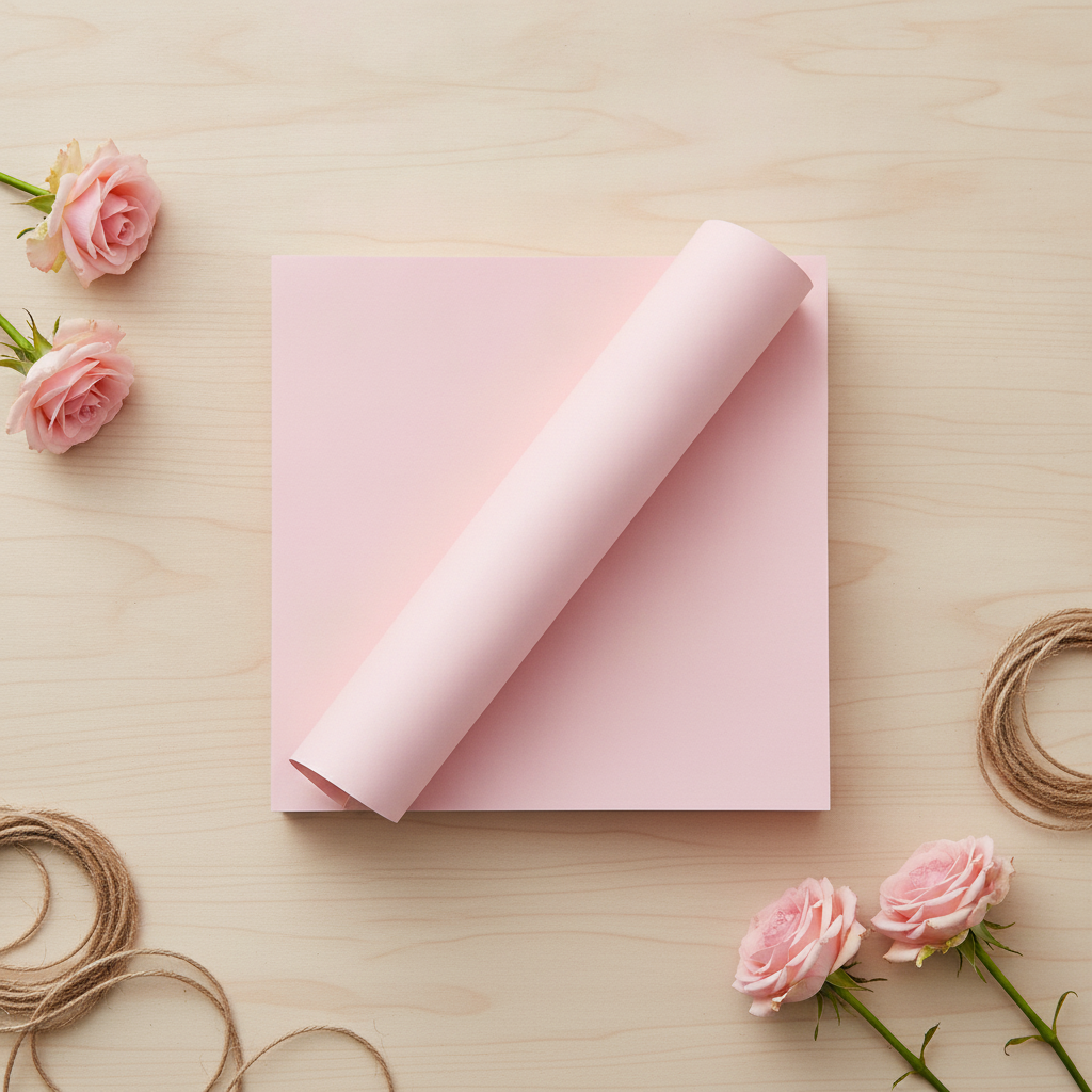 Flat-lay of solid pink waterproof bouquet wrapping sheets with roses and twine