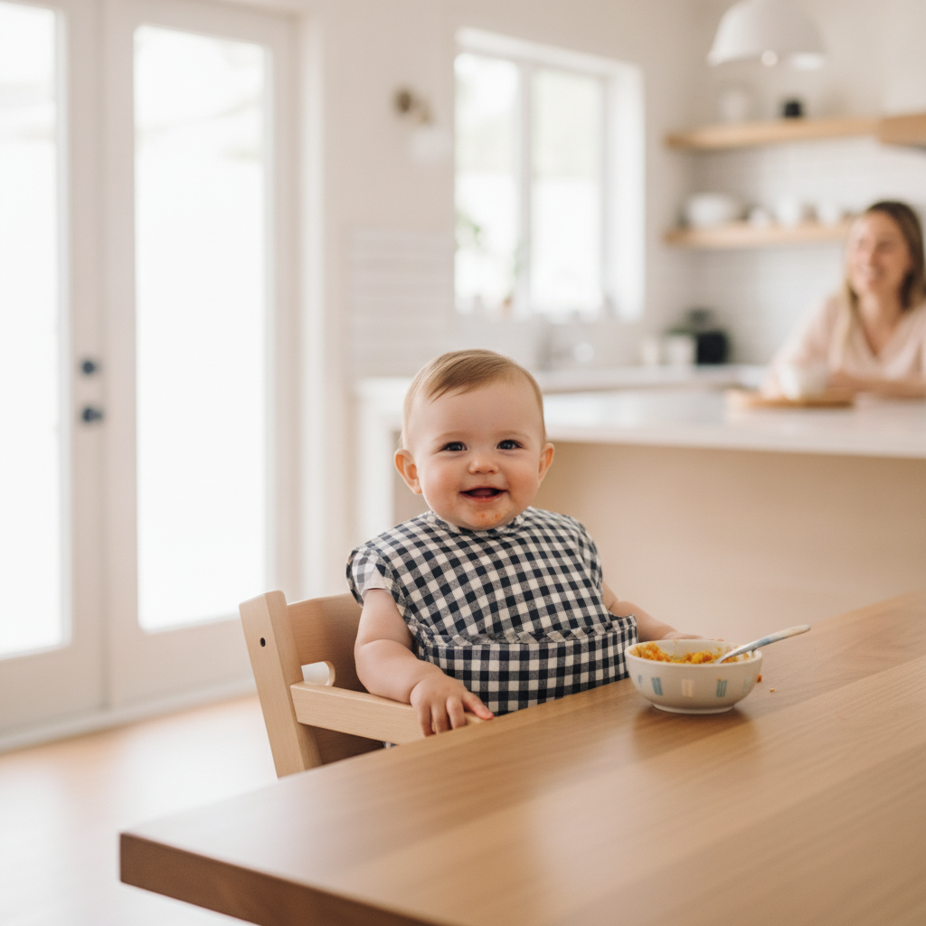 Happy baby in a high chair wearing the gingham feeding smock at mealtime — Maison's Kitchen
