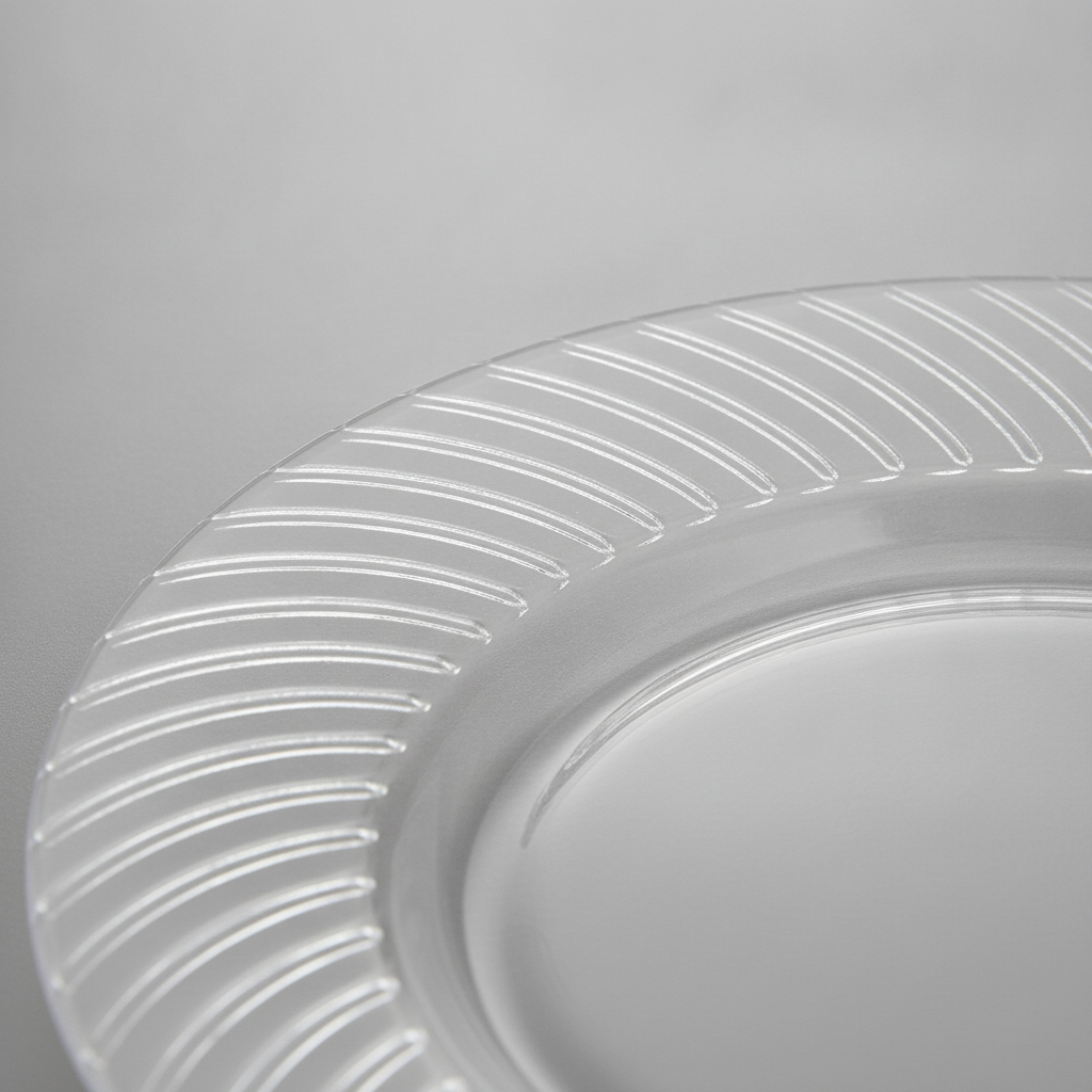Macro detail of the threaded decorative rim on a clear disposable plate