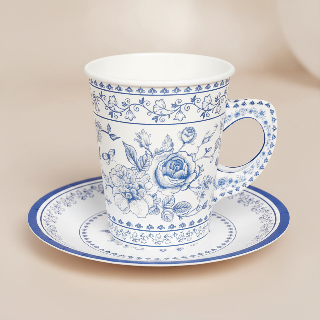 Close-up of blue chinoiserie rose print on a disposable paper tea cup and saucer