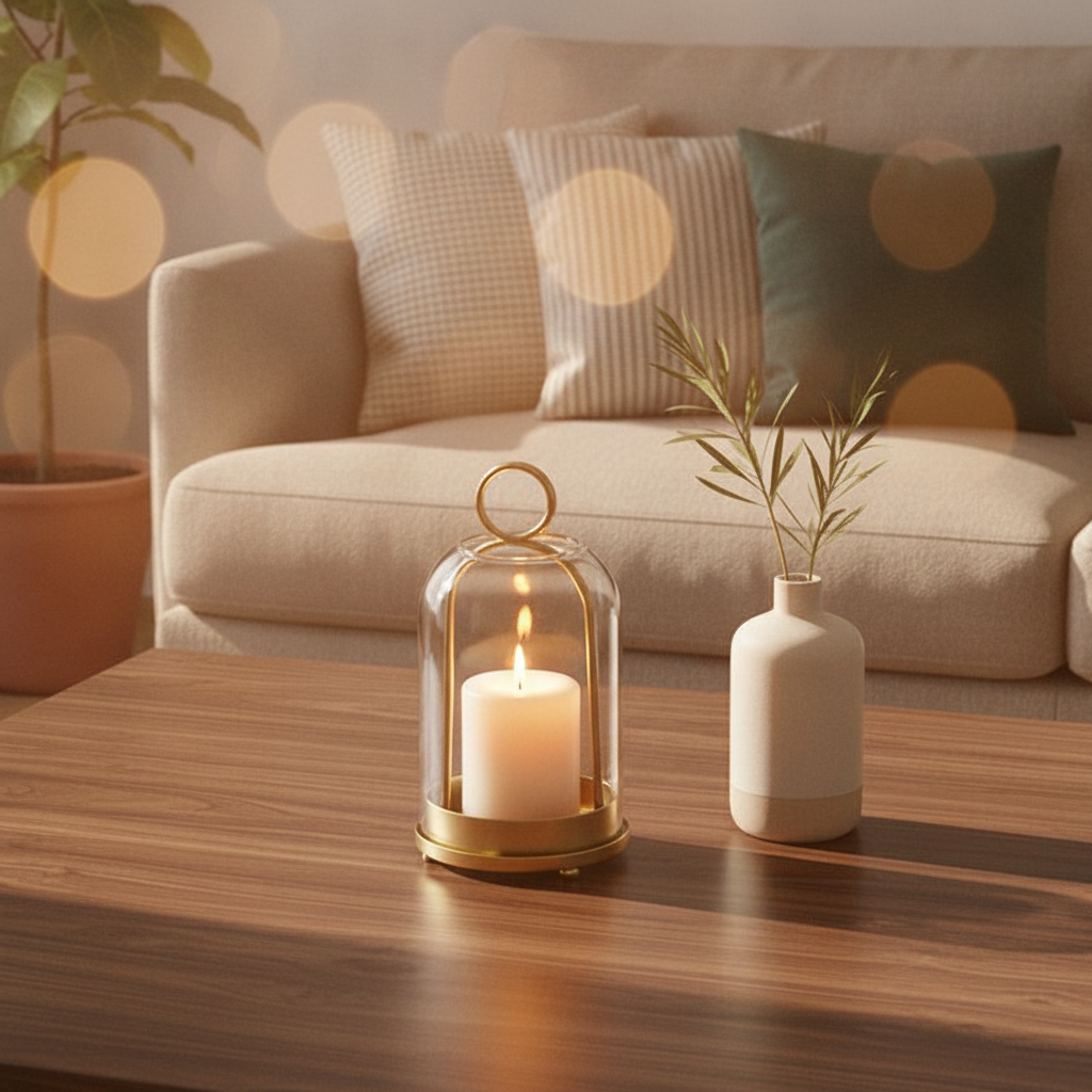 Glass cloche candle dome lit on a walnut side table beside a linen sofa at dusk